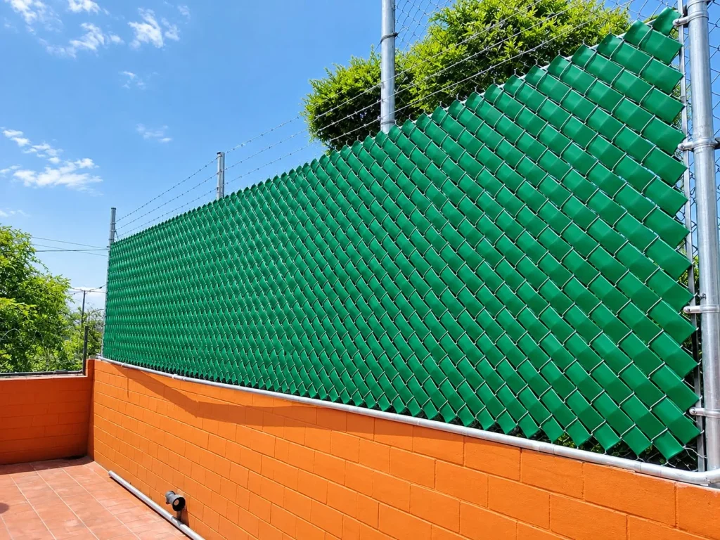 Malla ciclónica con cinta de privacidad verde entretejida.