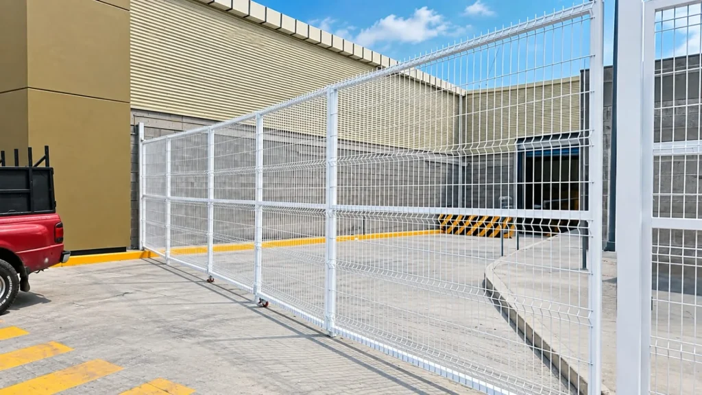 Reja metálica blanca y puerta de acceso para protección perimetral.